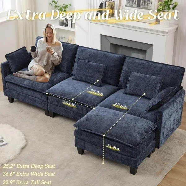 Living Room Sofa, Modular Sectional Sofa, 113" L Shaped Couch Set for Living Room Comfy Cloud Couch with Movable Ottoman - Image 2