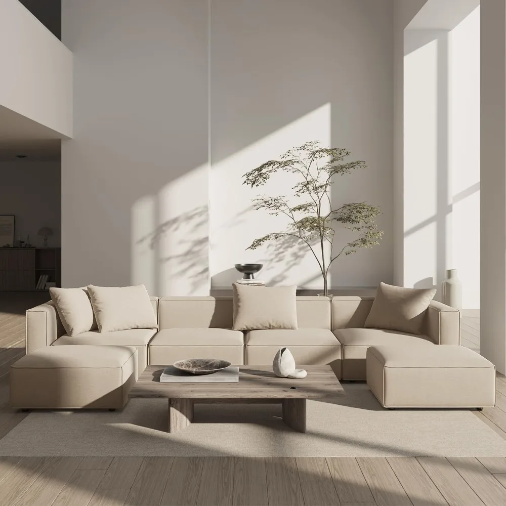 Luxury Modular Sectional Living Room Sofa Set, Modern Minimalist Style Couch with Ottoman and Chaise, U-Shape