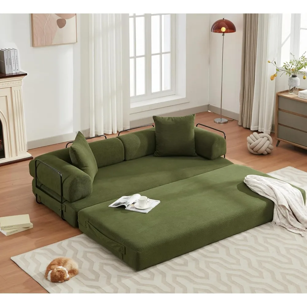Convertible Sleeper Sofa Bed with Cylindrical Pillow, Corduroy Folding Mattress Couch，Fixed-Shape Frame, Floor Sofa Lounge Couch