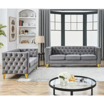 Velvet Living Room Sofa Set of 2, Comfy Loveseat and 3 Seater Couch, Modern Sofa with Tufted Back Upholstered Long Couch