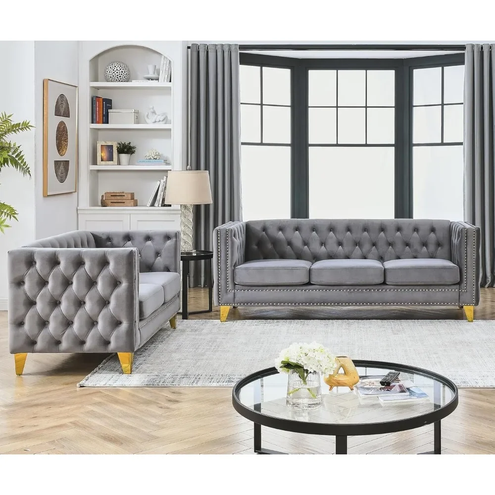 Velvet Living Room Sofa Set of 2, Comfy Loveseat and 3 Seater Couch, Modern Sofa with Tufted Back Upholstered Long Couch